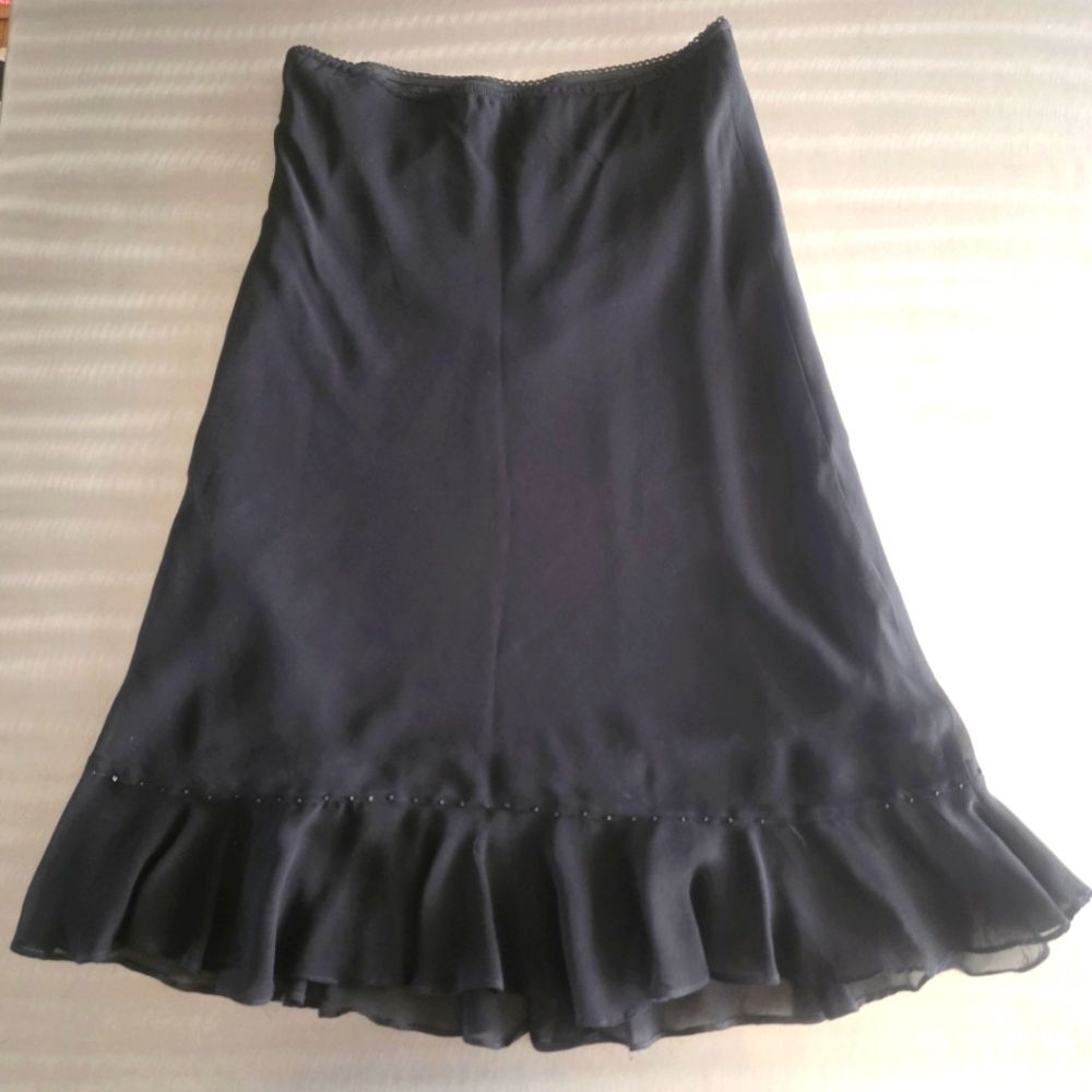 Y2K Paradise NY Low Rise Pull On Ruffle Midi Skirt Seed Bead Hem Whimsigoth M